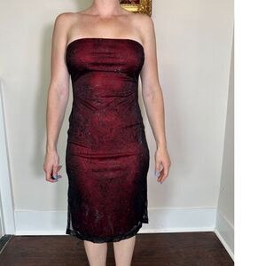 Vintage Strapless Red and Black Sparkly Midi Dress Size M